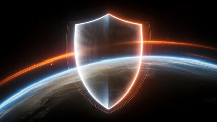 Cyber Security Shield: A radiant shield symbol representing protection, cybersecurity, and data defense, standing guard against the swirling digital expanse of the earth.