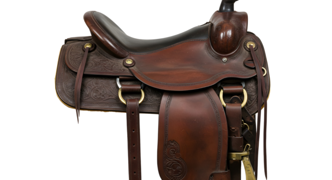 Brown leather horse saddle for equestrian sport isolated PNG with Transparent Background