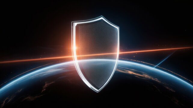 Cyber Shield: A luminous shield, rendered in sleek metallic detail, hovers protectively above a stylized representation of planet earth, symbolizing digital security in a modern world.