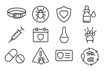 Parasite Prevention Icons. Line style icons of parasite prevention: flea collar, tick icon, heartworm shield, droplet treatment;