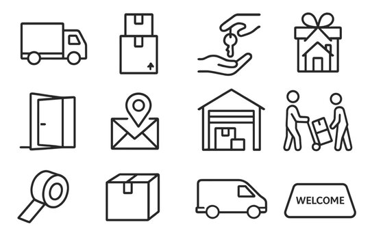 Relocation Icons. Line style icons of moving and relocation: moving truck, boxes stacked, key handover, housewarming gift; open