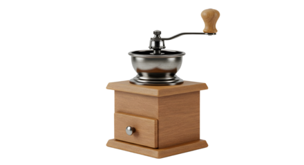 Classic wooden coffee grinder with crank isolated PNG with Transparent Background