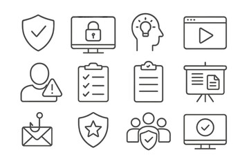 Cybersecurity Icons Collection. Line style icons of cyber awareness and training: shield with check, security training screen,