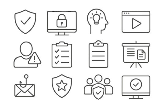 Cybersecurity Icons Collection. Line style icons of cyber awareness and training: shield with check, security training screen,