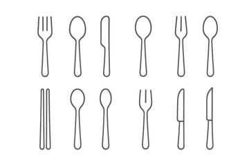 Line Style Utensil Icons. Line style icons of utensil sets: fork, spoon, knife, teaspoon; soup spoon, salad fork, dessert spoon,