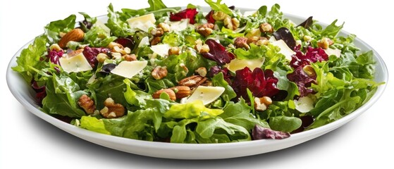 Fresh green salad with almonds walnuts parmesan cheese food photography