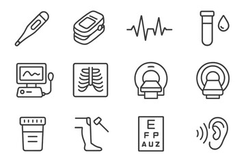 Medical Diagnostics Icons. Line style icons of body diagnostics: thermometer, pulse oximeter, ECG wave, blood test; ultrasound,