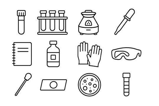 Lab Testing Essentials. Line style icons of lab testing: blood vial, test tube rack, centrifuge, pipette; lab notebook, reagent