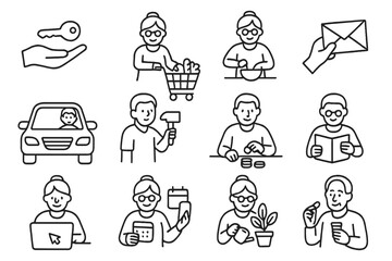 Senior Independence Icons. Line style icons of senior independence: key in hand, grocery shopping, preparing meals, handling mail;