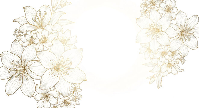 Elegant gold line art lilies and flowers on white background, creating a frame with central free space, ideal for invitations, cards, or branding