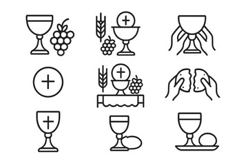 Communion Celebration Icons. Line style icons of communion celebration: filled chalice, grapes and wheat, altar setup, shared cup;