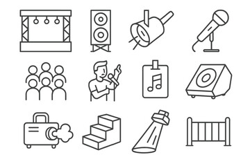 Concert Icon Elements. Line style icons of concert elements: stage, speaker tower, spotlight, microphone stand; music crowd,