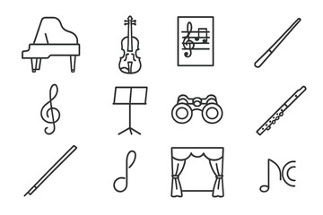 Classical Music Icons. Line style icons of classical music: grand piano, violin, sheet music, baton; treble clef, music stand,