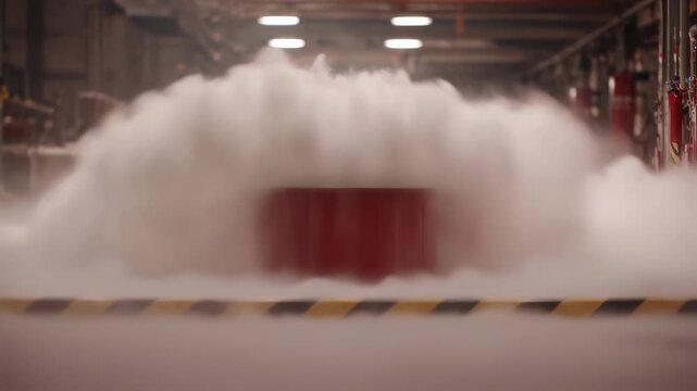Medium shot of foambased fire suppression system activating over a storage tank with foam spreading rapidly while background remains blurred.
