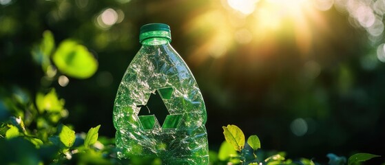 Crushed green plastic bottle with recycling symbol in sunlight