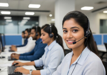 Call Center Employees Working at Desks with Headsets