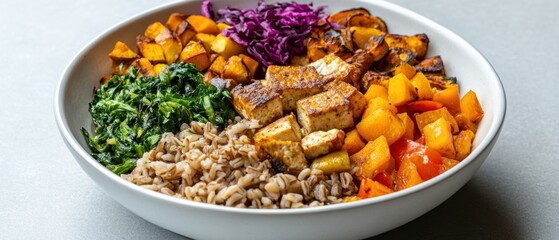 Vegetarian bowl with roasted butternut squash and tofu healthy food photography