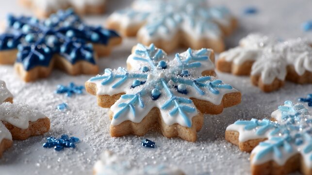 Snowflake cookies white and blue icing with glitter scattered around them