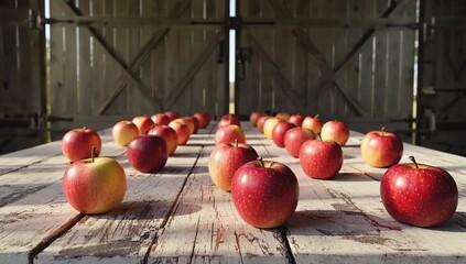Freshly harvest apples arranged on rustic wooden table in barn. Apples variety of colors, from deep red to golden yellow. Natural light through windows highlights vibrant hues and textures of fruit