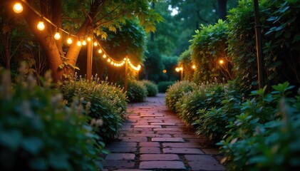 Warm evening glow illuminates a garden path, creating a magical ambiance String lights twinkle among lush greenery, casting a soft, inviting light , twinkling, path