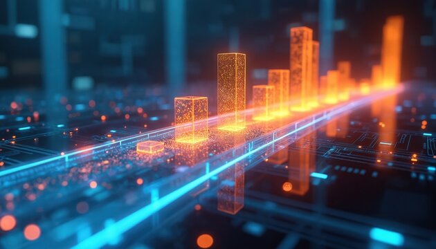 Glowing bar graphs connect on surreal digital network, representing business growth, financial success. Futuristic abstract background with blue, orange light circuits, technology, innovation in - Powered by Adobe