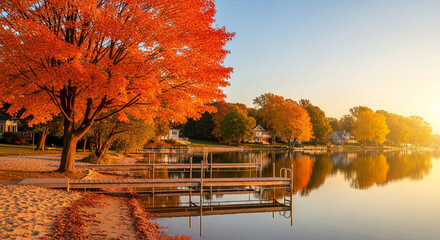 Autumnal scene: orange maple tree by calm lake, wooden docks, houses reflecting in water, showcasing tranquil fall landscape, ideal for nature or seasonal themes