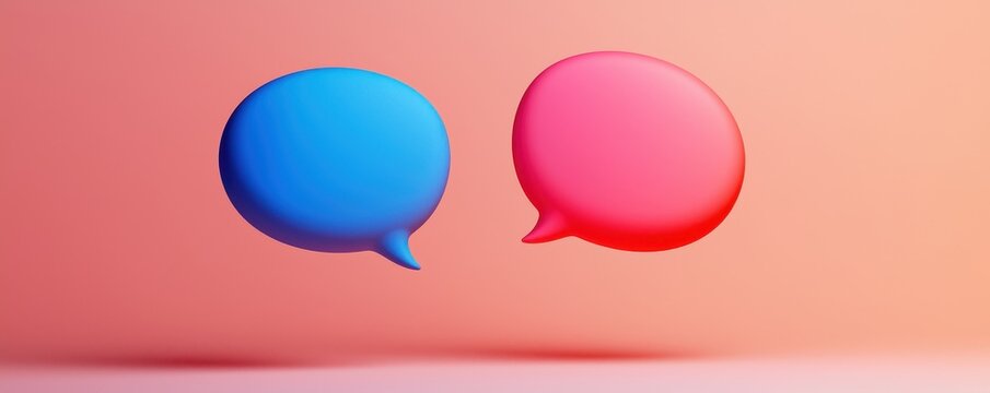 Two colorful speech bubbles, one blue and one pink, float against a soft pastel background, symbolizing conversation and communication.