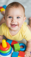 Happy baby with blue eyes, wearing yellow bodysuit, playing with colorful blocks and stacking ringsJoyful expression, symbolizes childhood innocence and playful development