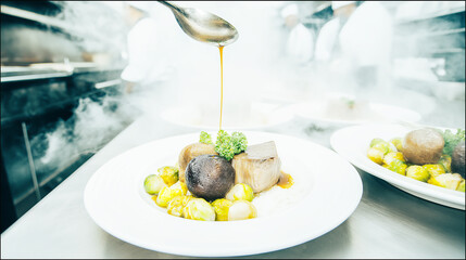 Gourmet dish served in fine dining restaurant, symbolizing luxury gastronomy, culinary art, elegant lifestyle and food culture, with rich detail and copy space for design.