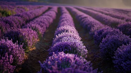 Naklejka premium Lavender Field Rows - Purple Hues in Soft Morning Light, Serene Landscape.