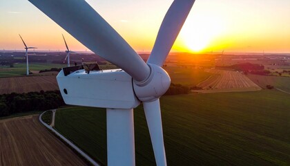 Scenic sunset landscape with multiple white wind turbines across hilly terrain, bathed in golden light, symbolizing renewable energy, environmental conservation, and sustainable power generation.