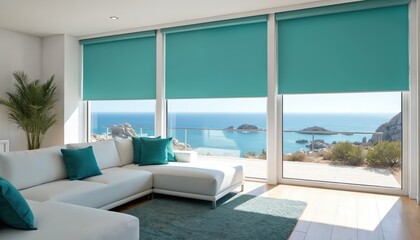 Modern living room features teal roller blinds on large windows overlooking ocean. White sectional sofa with teal cushions creates stylish seating area. Minimalist decor enhances serene coastal view.
