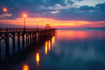 Warm, inviting glow of pier lights at sunset, reflecting on calm water Perfect for travel, coastal, or nautical themes Ideal for websites, brochures, and social media , beach, nautical