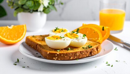 Whole grain toast topped with halved hard-boiled eggs, served with fresh orange slices and black coffee on white marble.