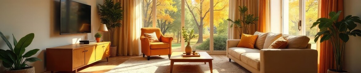 Warm sunlight streams into a cozy living room, highlighting comfortable furniture and family-friendly decor  Perfect for home, family, and interior design concepts ,  comfortable,  throws