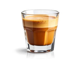 A single shot of rich, dark espresso in a clear glass, topped with thick, golden crema foam