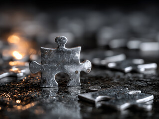 puzzle pieces scattered with one piece standing