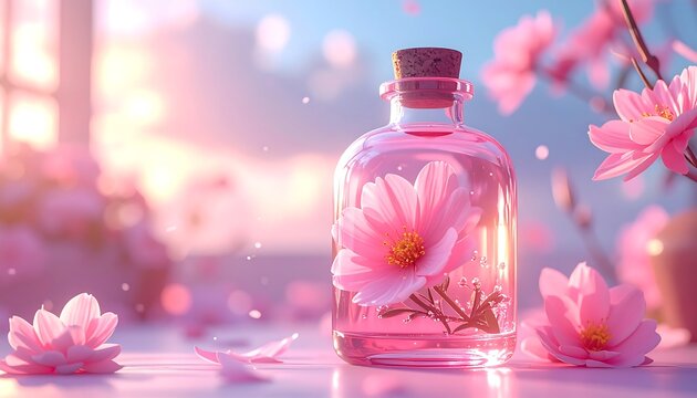 Pink flower elixir in a glass bottle, soft light