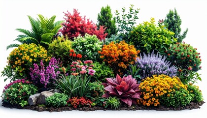 Fototapeta premium Vibrant ornamental garden bed filled with diverse flowering plants and shrubs in red, orange, yellow, purple, and green, featuring varied leaf shapes and sizes, bordered by dark mulch and decorative r