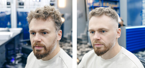 Before and after Man in barber chair, hairdresser styling barbershop.