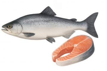 Salmon illustration displaying whole fish and steak slice, transparent backdrop highlighting fresh marine protein for culinary graphics