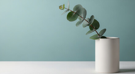 Eucalyptus branch in white vase against teal backdrop, showcasing simple elegance and tranquility, ideal for minimalist design or wellness concepts, free space for text