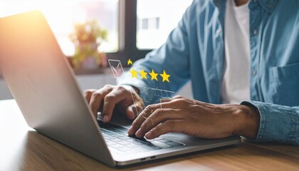 Person typing on laptop with digital overlay showing five-star rating and security padlock icon, set in indoor workspace with blurred table and plant in background, representing user feedback, online 