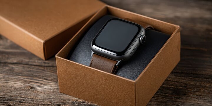 Black Square Smartwatch with Blank Screen on Brown Gift Box - Powered by Adobe