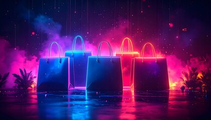 Bolsas de compras iluminadas con neón en colores vibrantes sobre fondo futurista en concepto de comercio electrónico y rebajas