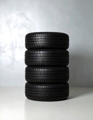 Stacked black tires against a smoky background