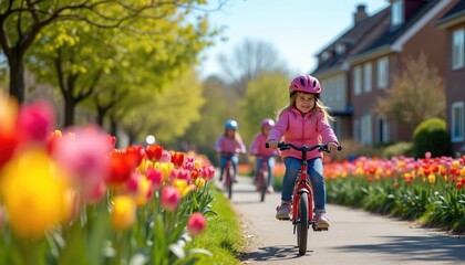 Children cycle through vibrant flower garden in serene neighborhood spring day. Girls in helmets ride bikes on path past colorful tulips. Community event promotes healthy lifestyle, outdoor fun,