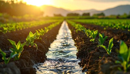 Irrigated field at sunset