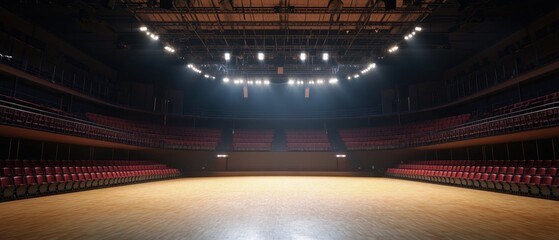 Empty auditorium with red seats and wooden floor illuminated stage