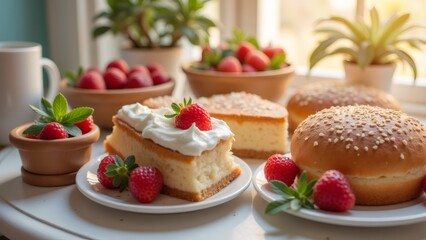 Delicious cheesecake with strawberries and buns on a bright table.